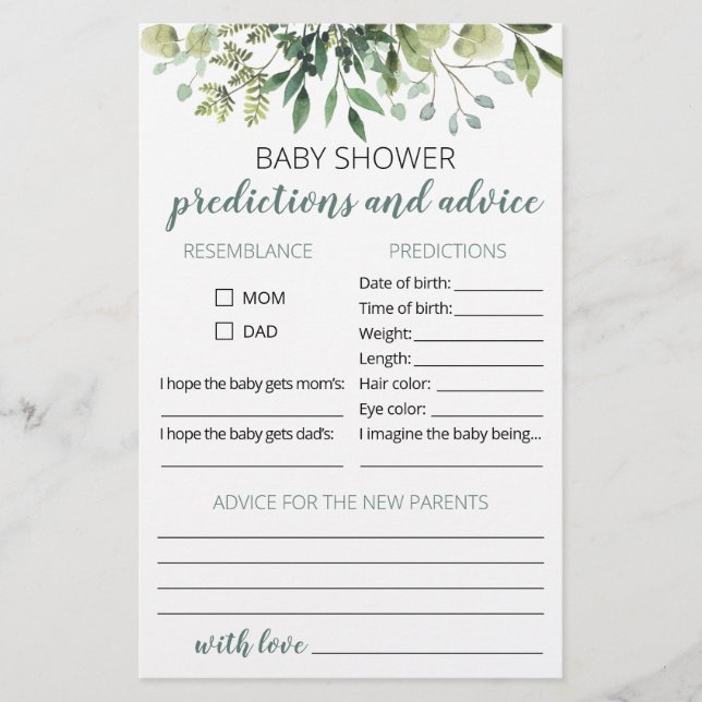 Babyprognosen und Ratgeber-Karte Babydusche Party (Vorderseite)