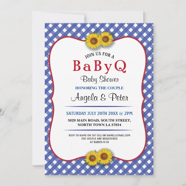 BABYQ Baby Dusche GRILLEN Party Sonnenblume Blauer Einladung (Vorderseite)