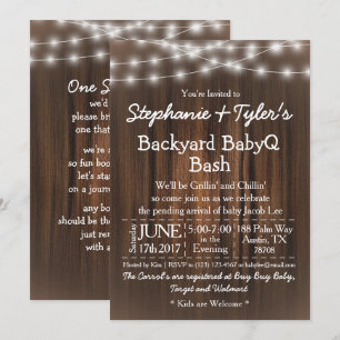 BabyQ Backyard Bash Lights Wood Rustic Baby Dusche Einladung