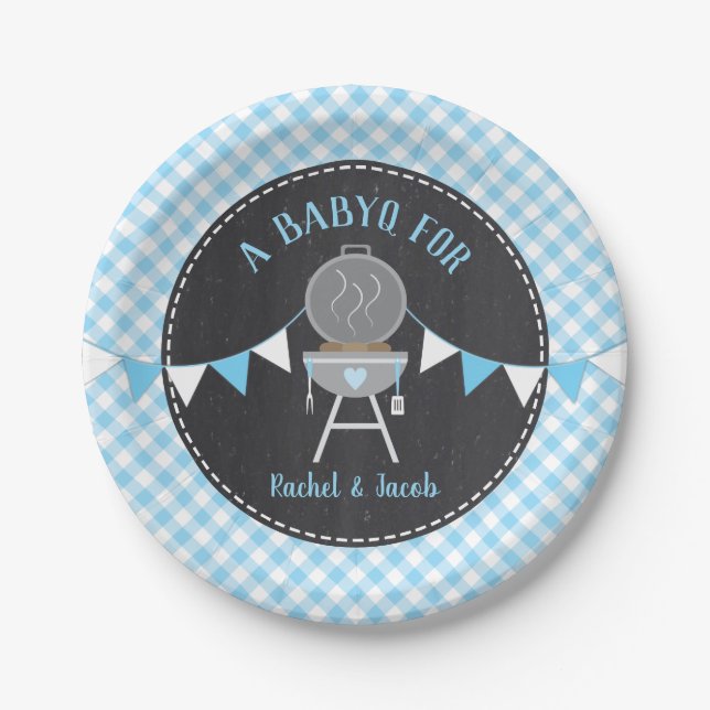 BABYQ Blue Gingham Chalkboard Boy Baby Shoounter Pappteller (Vorderseite)