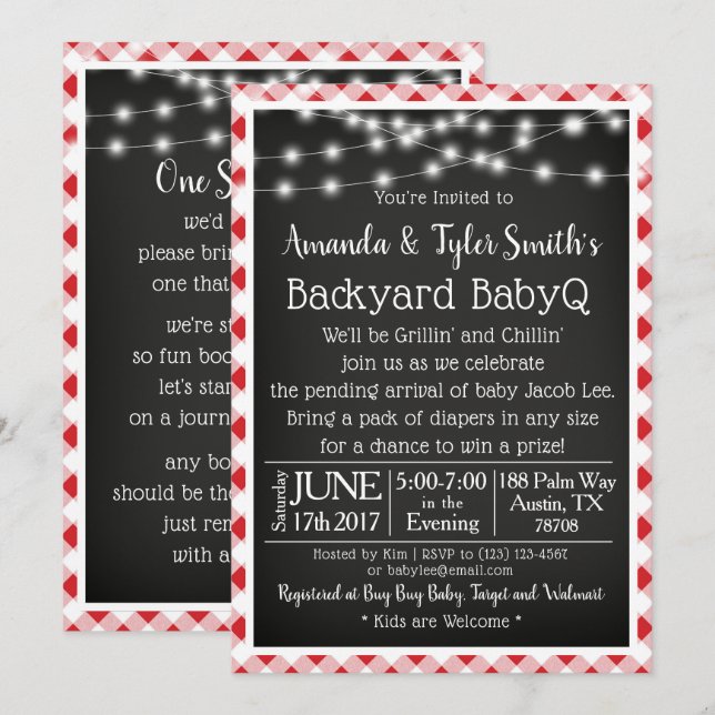 BabyQ Chalkboard Red Gingham Picnic Baby Shower Einladung (Vorne/Hinten)