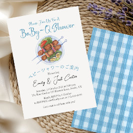 BabyQ GRILLEN Baby Shower Kebab Blue Gingham Rusti Einladung