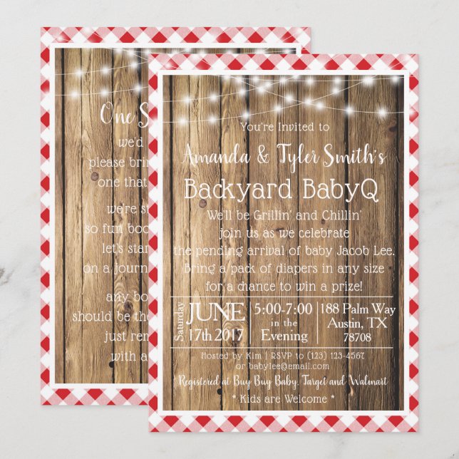 BabyQ GRILLEN Wood Rustic Red Gingham Baby Shower Einladung (Vorne/Hinten)