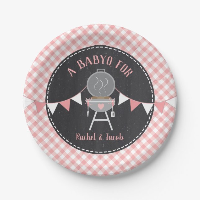 BABYQ Pink Gingham Chalkboard Girl Baby Dusche Pappteller (Vorderseite)
