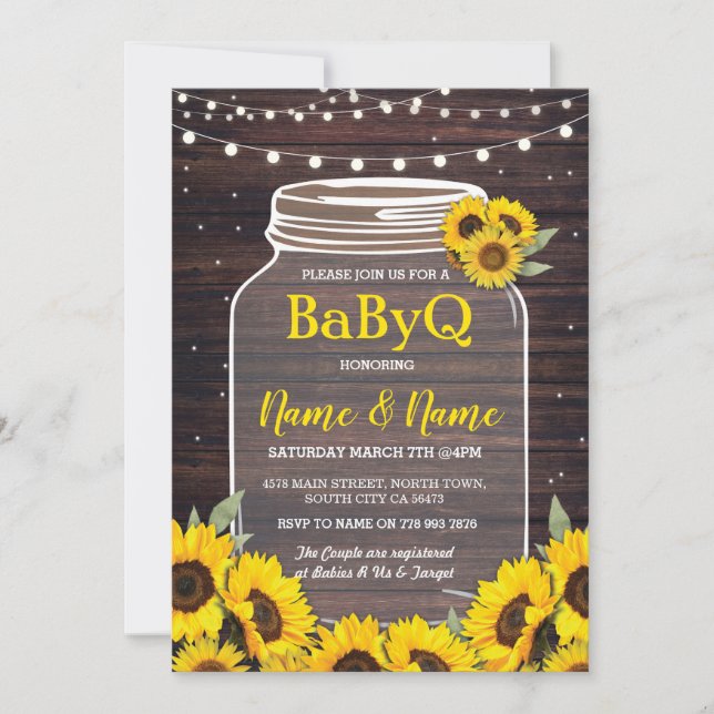 BaByQ Sonnenblume GRILLEN Baby-Duschen-Glas-Holz Einladung (Vorderseite)