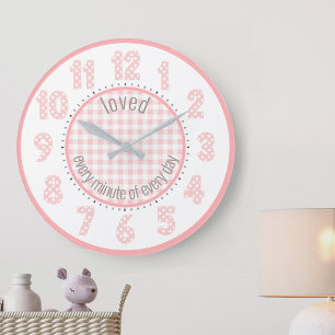 Babyrosa Gingham Punkte Zahlen Kinderzimmeruhr Große Wanduhr