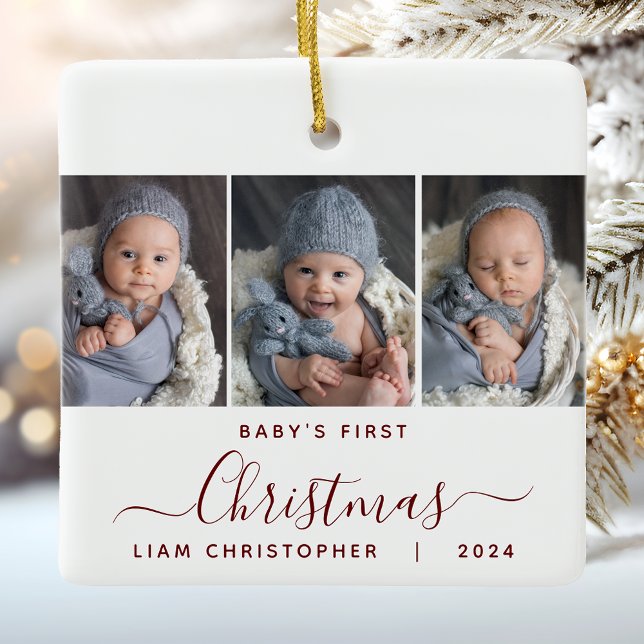 Baby's 1. Christmas 3 Foto Burgundy Red Script Keramikornament (Von Creator hochgeladen)