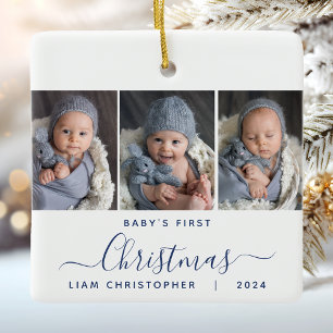 Baby's 1. Christmas 3 Foto Navy Blue Script Keramikornament