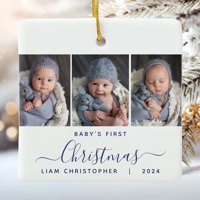 Baby's 1. Christmas 3 Foto Navy Blue Script Keramikornament (Von Creator hochgeladen)