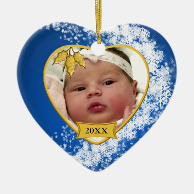 Baby's 1. Christmas Blue Snowflake Foto Keramikornament (Vorne)