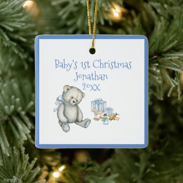 Baby's 1. Christmas Personalize Blue Niedlich Baby Keramikornament (Baum)
