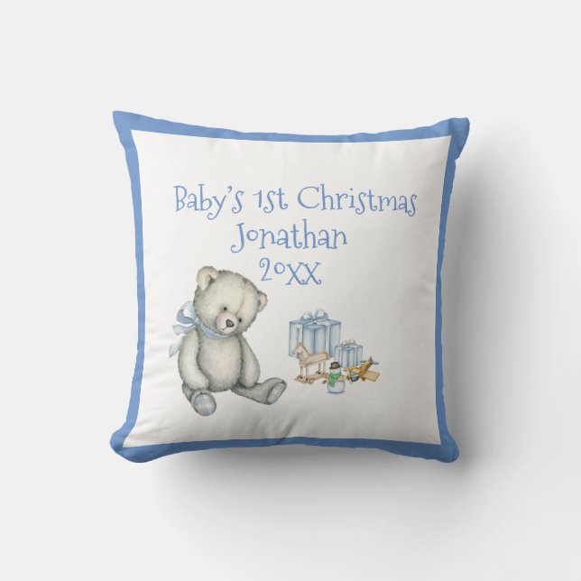 Baby's 1. Christmas Personalize Blue Niedlich Kissen (Vorderseite)