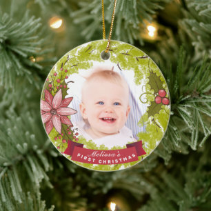 Baby's 1. Christmas Poinsettia Mistletoe Wreath Keramik Ornament