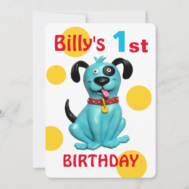 Baby's 1. Geburtstag Party Niedlich blauer Welpenj Einladung (Vorderseite)