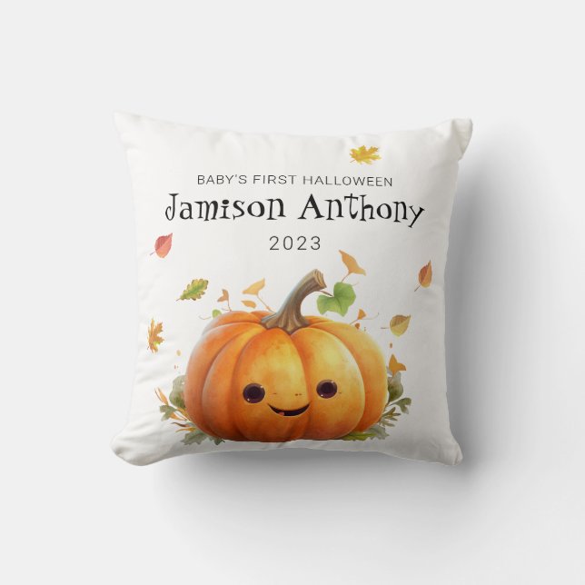 Babys 1. Halloween Niedlicher Kürbis & Blätter Kissen (Vorderseite)
