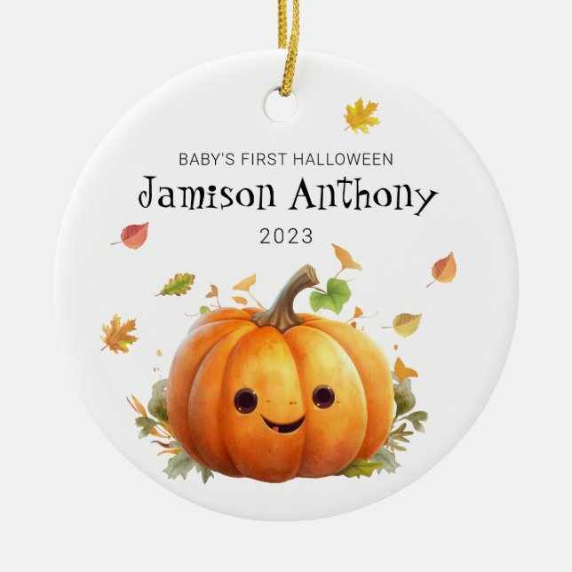 Babys 1. Halloween Niedlicher Kürbis & Blätter Orn Keramik Ornament (Vorne)