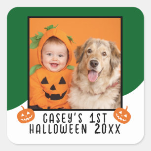 Baby's 1. Halloween personalisiertes Foto Name Jah Quadratischer Aufkleber