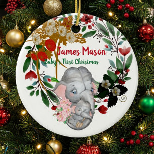 Babys 1. Weihnachten Botanischer grüner Kranz Flor Keramik Ornament