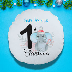 Baby's 1. Weihnachten Niedlich Blue Elephant Keepa Rundes Kissen