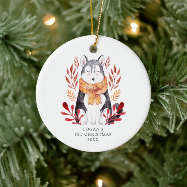 Baby's 1. Weihnachten Personalisierten Wolf Dog Hu Keramik Ornament (Baum)