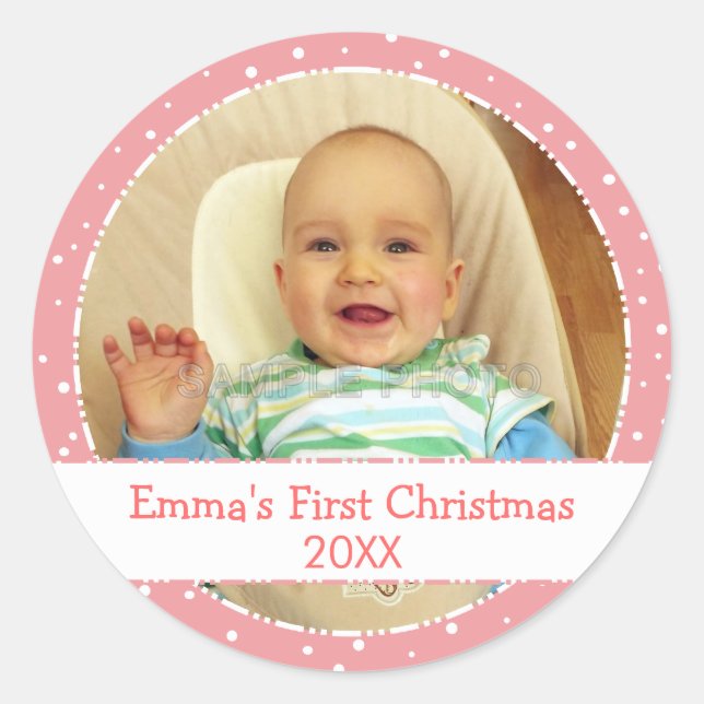 Babys 1. Weihnachten Personalisiertes Foto Pink St Runder Aufkleber (Vorderseite)