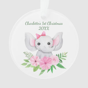 Babys 1. Weihnachten Rosa Elefant Grüne Blüten  Ornament