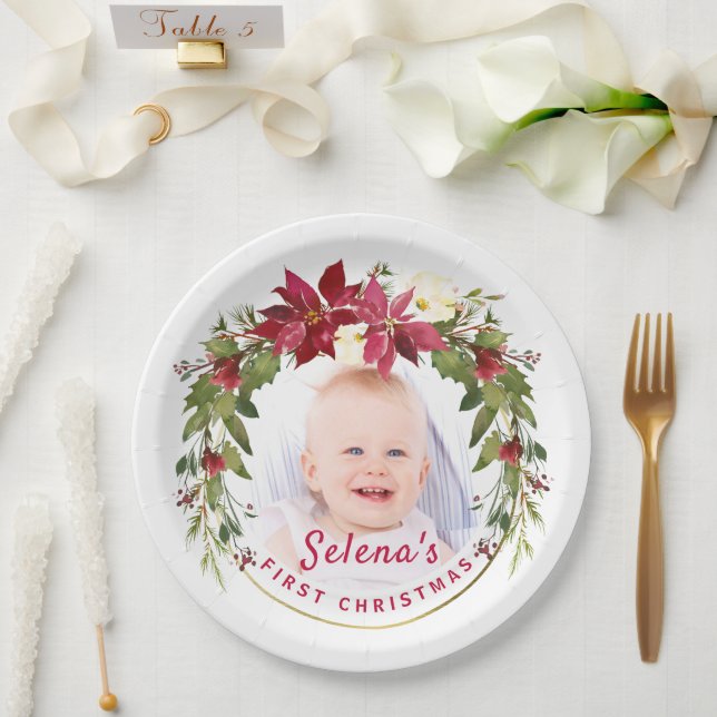 Baby's 1. Weihnachts-Holly-Kranz-Foto Keepake Pappteller (Hochzeit)