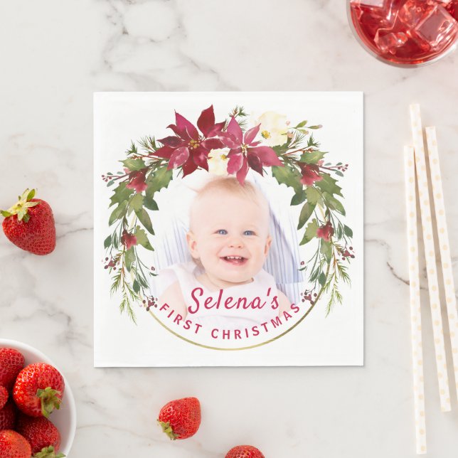 Baby's 1. Weihnachts-Holly-Kranz-Foto Keepake Serviette (Beispiel)