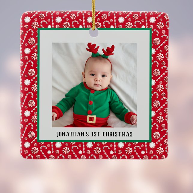 Babys 1. Weihnachts Red Peppermint Candy Canes Keramikornament (Von Creator hochgeladen)