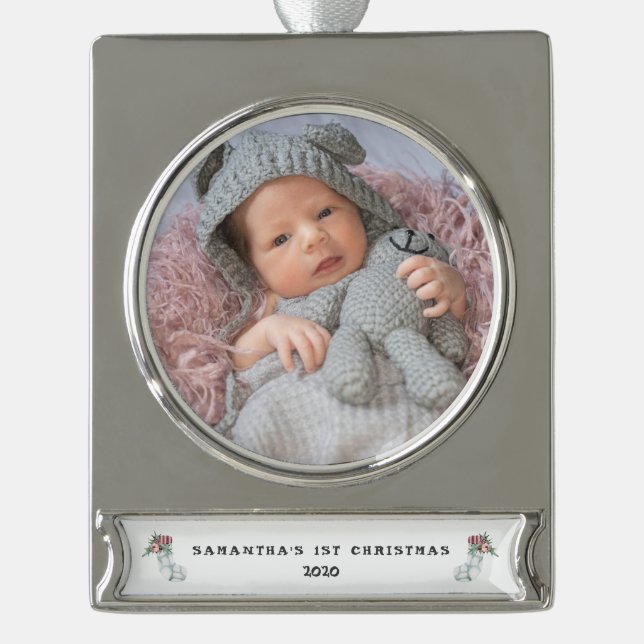 Baby's 1. Weihnachtsbanner Foto Ornament (Vorderseite)