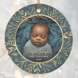 Babys 1. Weihnachtsfoto Goldfoliage Türkis Rund Keramik Ornament