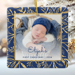 Babys 1. Weihnachtsfoto Marineblau Gold Laub Keramikornament