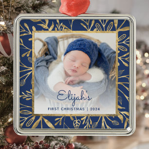 Babys 1. Weihnachtsfoto Marineblau Gold Laub Ornament Aus Metall