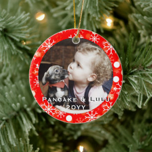 Baby's 1. Weihnachtsfoto mit roten Schneeflocken u Keramik Ornament
