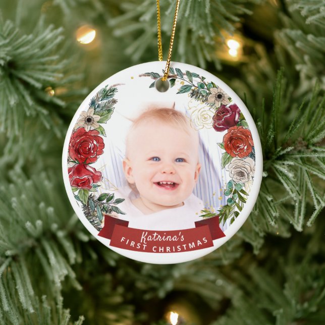 Babys 1. Weihnachtsgebäck Aquarell Blumengebirge F Keramik Ornament (Baum)
