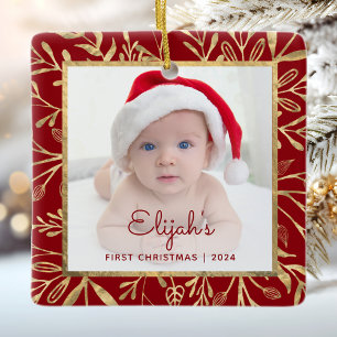 Babys 1. Weihnachtsgebäck Burgundy Gold Foliage Fo Keramikornament