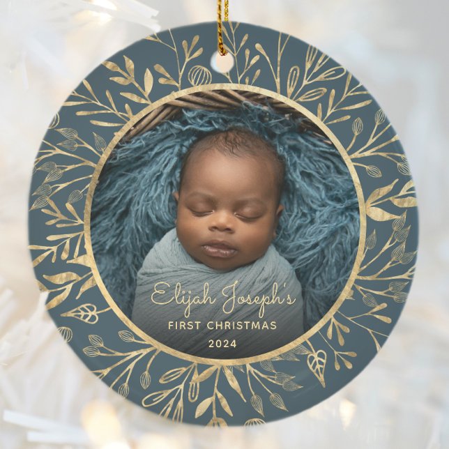Babys 1. Weihnachtsgebäck Gold Foliage Aquamarine  Keramik Ornament (Von Creator hochgeladen)
