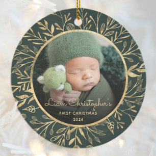 Babys 1. Weihnachtsgebäck Gold Foliage Green Round Keramik Ornament
