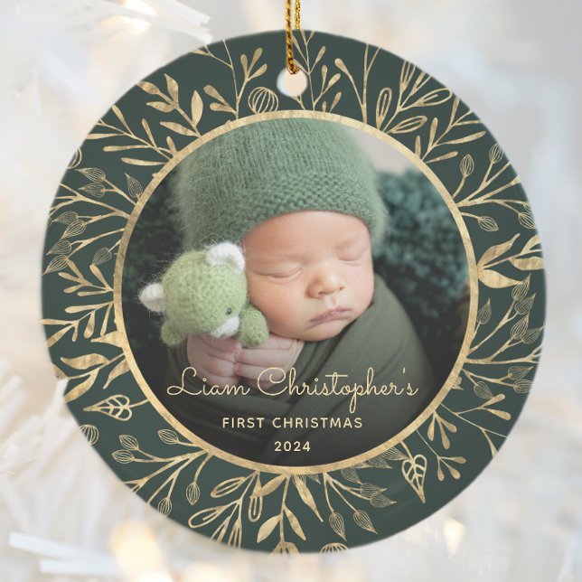 Babys 1. Weihnachtsgebäck Gold Foliage Green Round Keramik Ornament (Von Creator hochgeladen)
