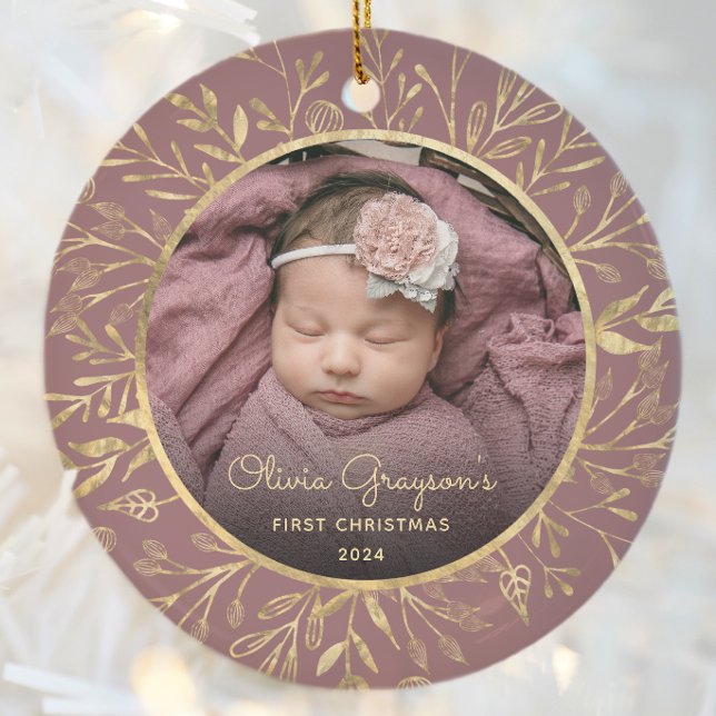 Babys 1. Weihnachtsgebäck Gold Foliage Rose Runde Keramik Ornament (Von Creator hochgeladen)