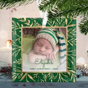 Babys 1. Weihnachtsgebäck Grünes Foto Ornament Aus Glas