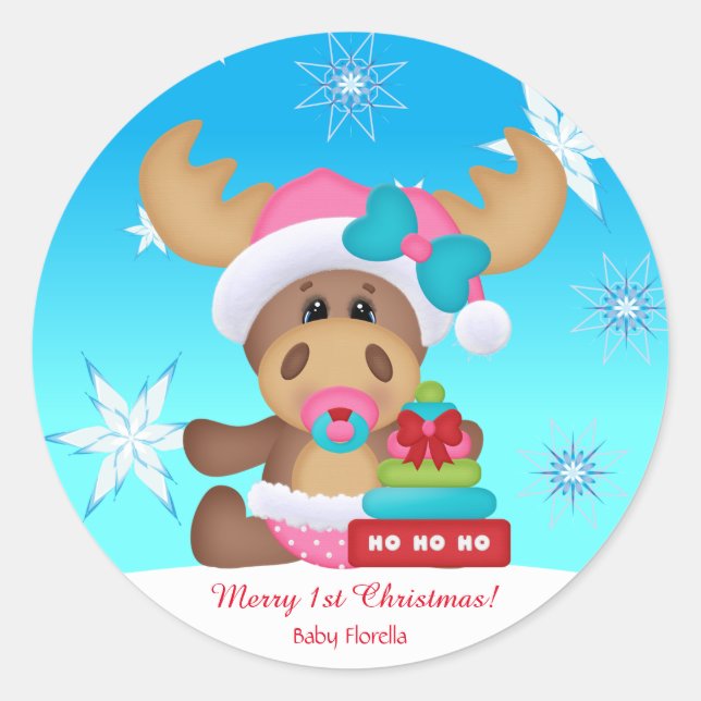 Babys 1. Weihnachtsmoose Niedlich Funny Runder Aufkleber (Vorderseite)