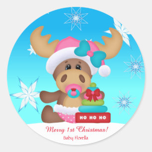 Babys 1. Weihnachtsmoose Niedlich Funny Runder Aufkleber