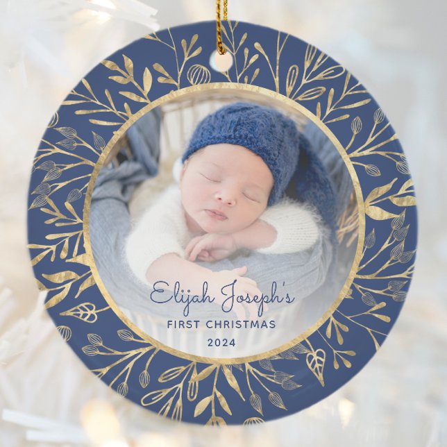 Babys 1. Weihnachtszeit Foto Gold Foliage Navy Blu Keramik Ornament (Von Creator hochgeladen)