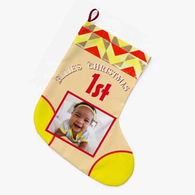 Baby's 1st Christmas 1 Photo Geometric Yellow Red Großer Weihnachtsstrumpf (Vorderansicht (hängend))