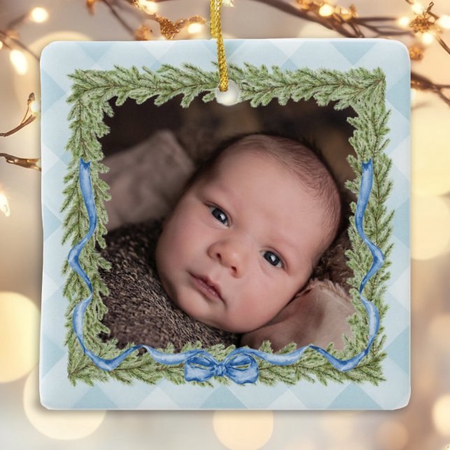 Baby's 1st Christmas Blue Gingham Foto Keramikornament (Von Creator hochgeladen)