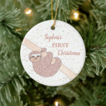 Baby's 1st Christmas Glitter Sloth Photo Name Keramik Ornament<br><div class="desc">Baby's First Christmas!
This pretty Christmas ornament is decorated with a cute smiling blush pink glitter sloth surrounded by gold stars.
Customize it by adding your photo and changing the name.</div>