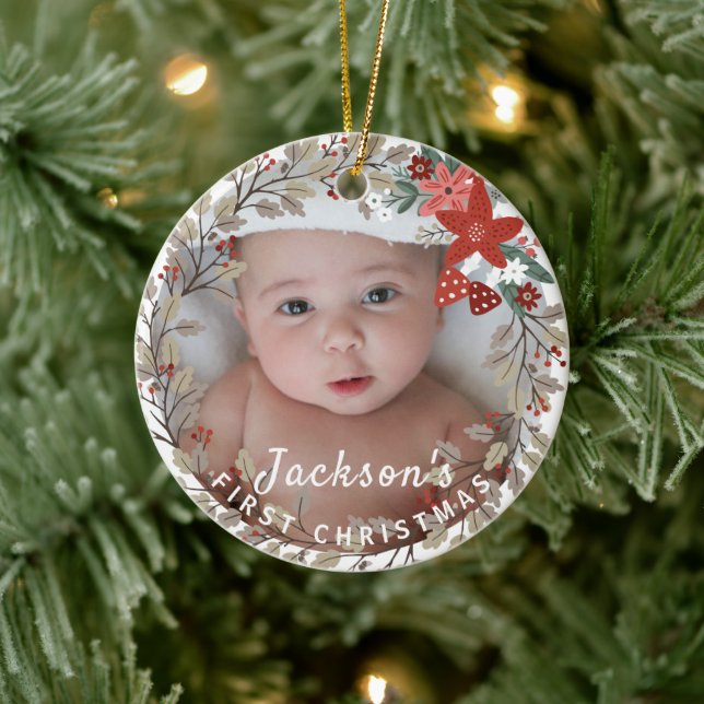 Baby's 1st Christmas Holly Wreath Photo Keepsake Keramik Ornament (Baum)