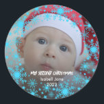 Baby's 2. Christmas Blue Snowflake Runder Aufkleber<br><div class="desc">Retro Drehbuch Baby's First Christmas Foto Keramik Ornament</div>