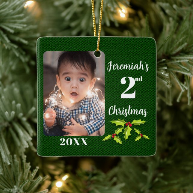 Babys 2. Weihnachts-Grüne Imitate Fabric Keepake Keramikornament (Baum)